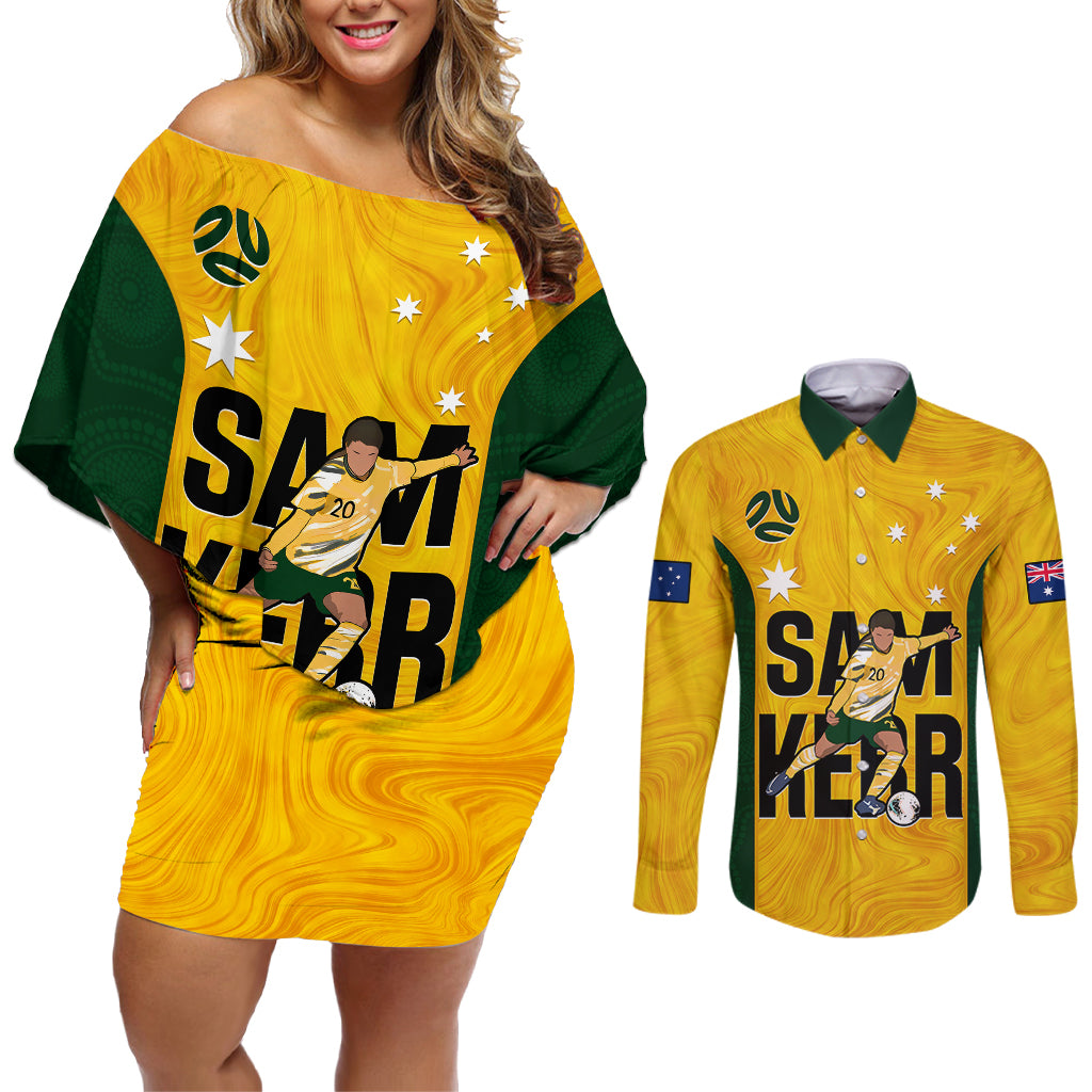 custom-australia-soccer-couples-matching-off-shoulder-short-dress-and-long-sleeve-button-shirts-sam-kerr-matildas-proud-2023-world-cup-yellow