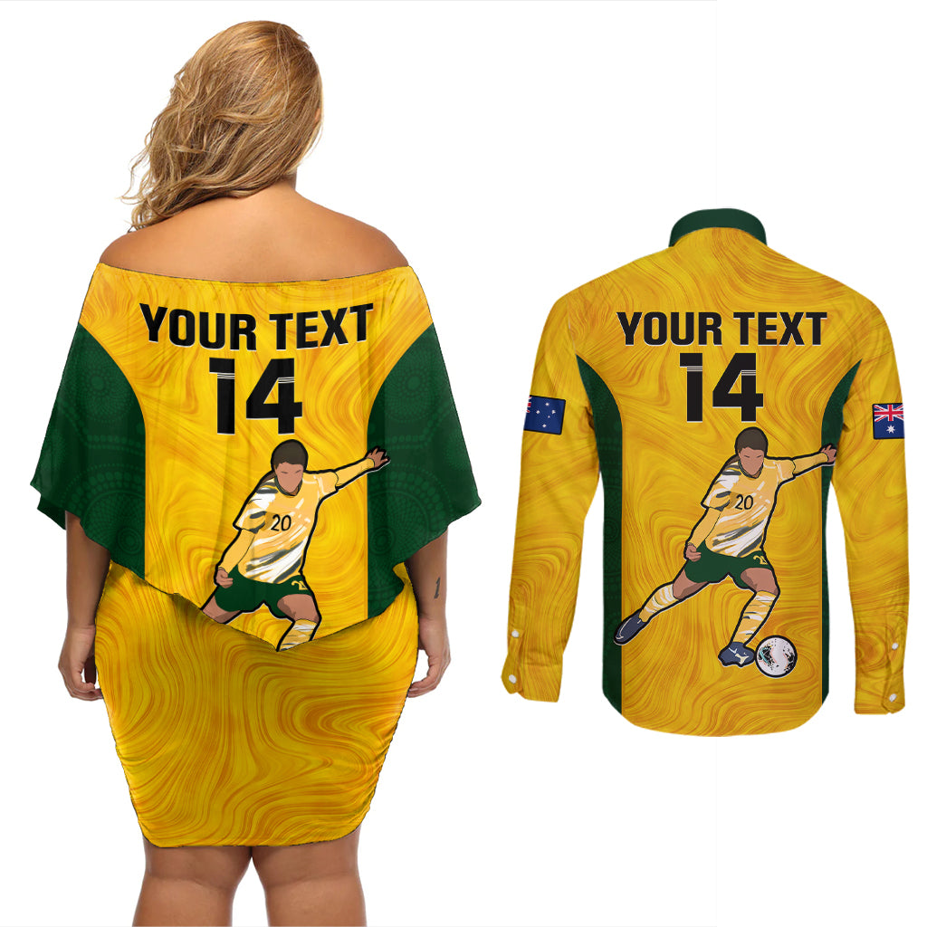 custom-australia-soccer-couples-matching-off-shoulder-short-dress-and-long-sleeve-button-shirts-sam-kerr-matildas-proud-2023-world-cup-yellow