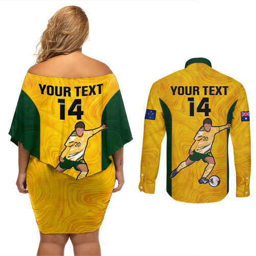 custom-australia-soccer-couples-matching-off-shoulder-short-dress-and-long-sleeve-button-shirts-sam-kerr-matildas-proud-2023-world-cup-yellow