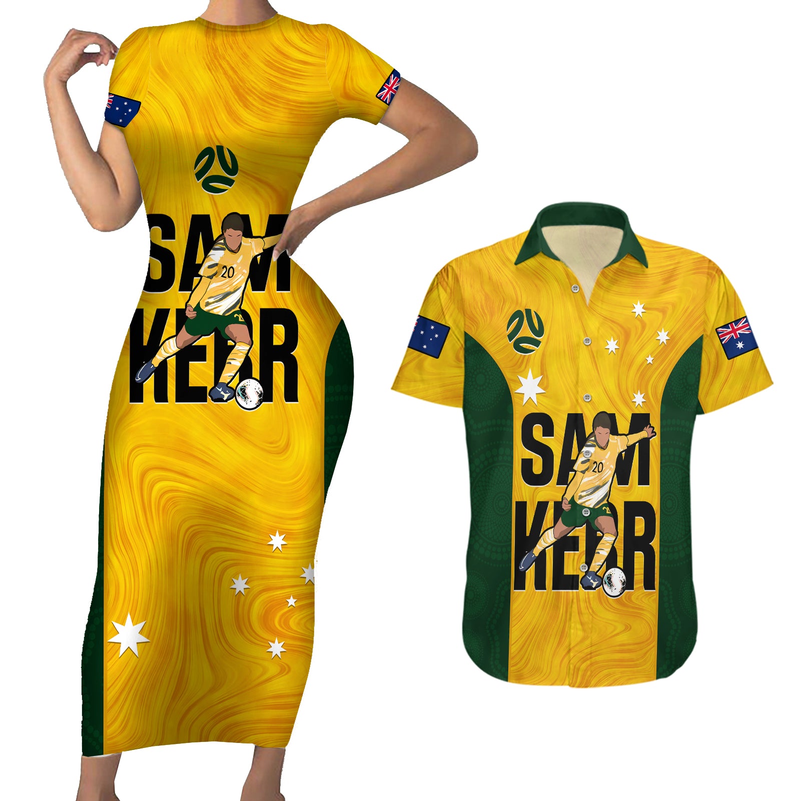 custom-australia-soccer-couples-matching-short-sleeve-bodycon-dress-and-hawaiian-shirt-sam-kerr-matildas-proud-2023-world-cup-yellow