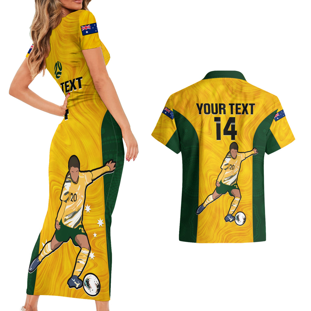 custom-australia-soccer-couples-matching-short-sleeve-bodycon-dress-and-hawaiian-shirt-sam-kerr-matildas-proud-2023-world-cup-yellow