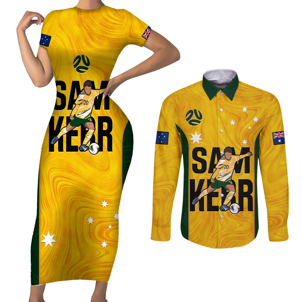 custom-australia-soccer-couples-matching-short-sleeve-bodycon-dress-and-long-sleeve-button-shirts-sam-kerr-matildas-proud-2023-world-cup-yellow
