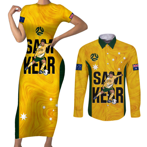 custom-australia-soccer-couples-matching-short-sleeve-bodycon-dress-and-long-sleeve-button-shirts-sam-kerr-matildas-proud-2023-world-cup-yellow
