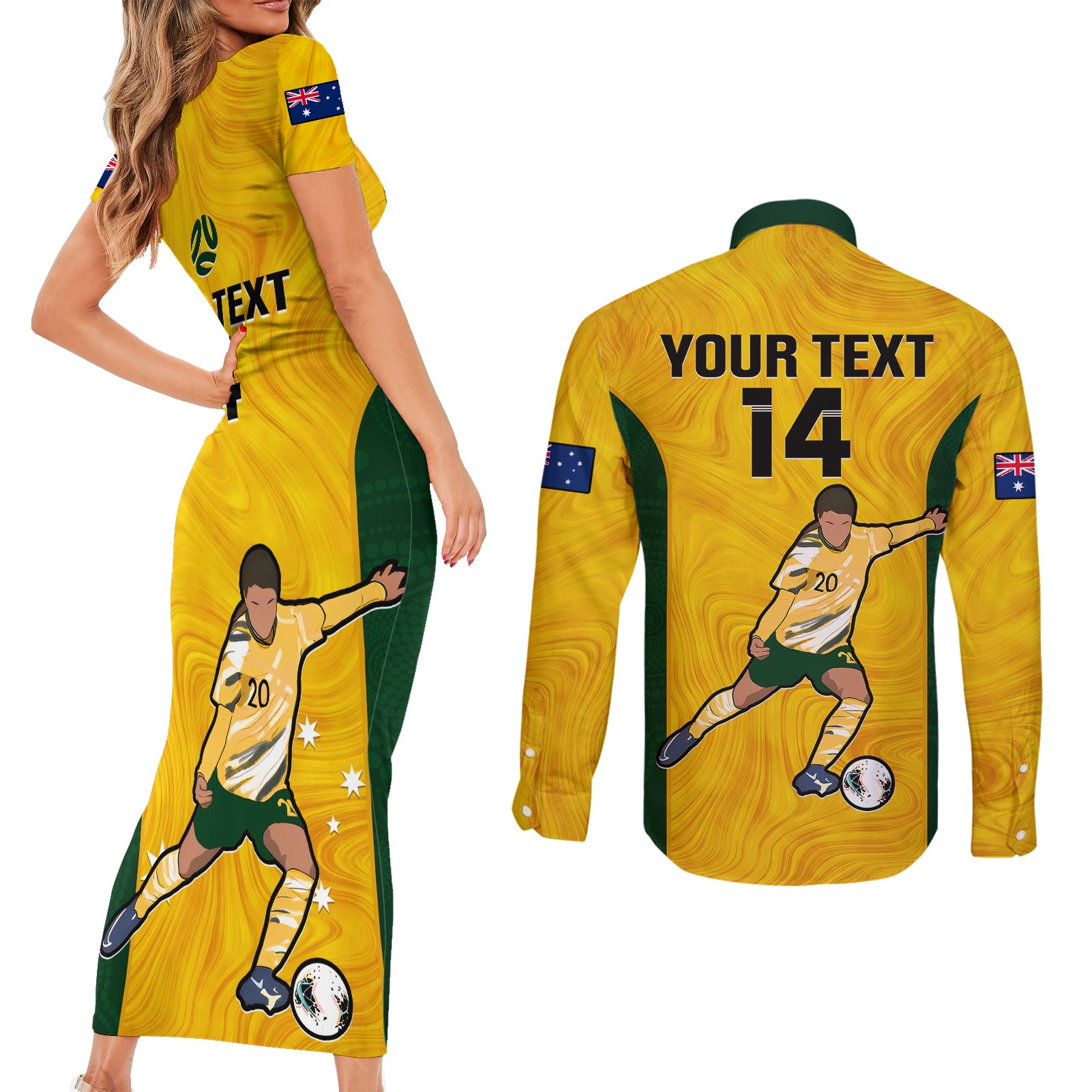 custom-australia-soccer-couples-matching-short-sleeve-bodycon-dress-and-long-sleeve-button-shirts-sam-kerr-matildas-proud-2023-world-cup-yellow