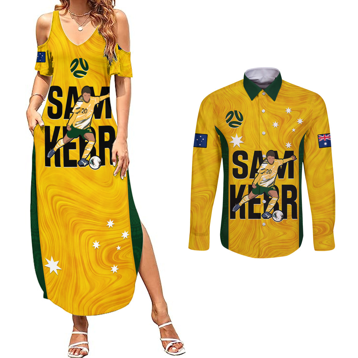 custom-australia-soccer-couples-matching-summer-maxi-dress-and-long-sleeve-button-shirts-sam-kerr-matildas-proud-2023-world-cup-yellow