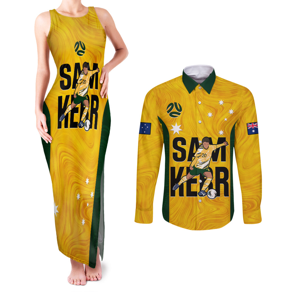 custom-australia-soccer-couples-matching-tank-maxi-dress-and-long-sleeve-button-shirts-sam-kerr-matildas-proud-2023-world-cup-yellow