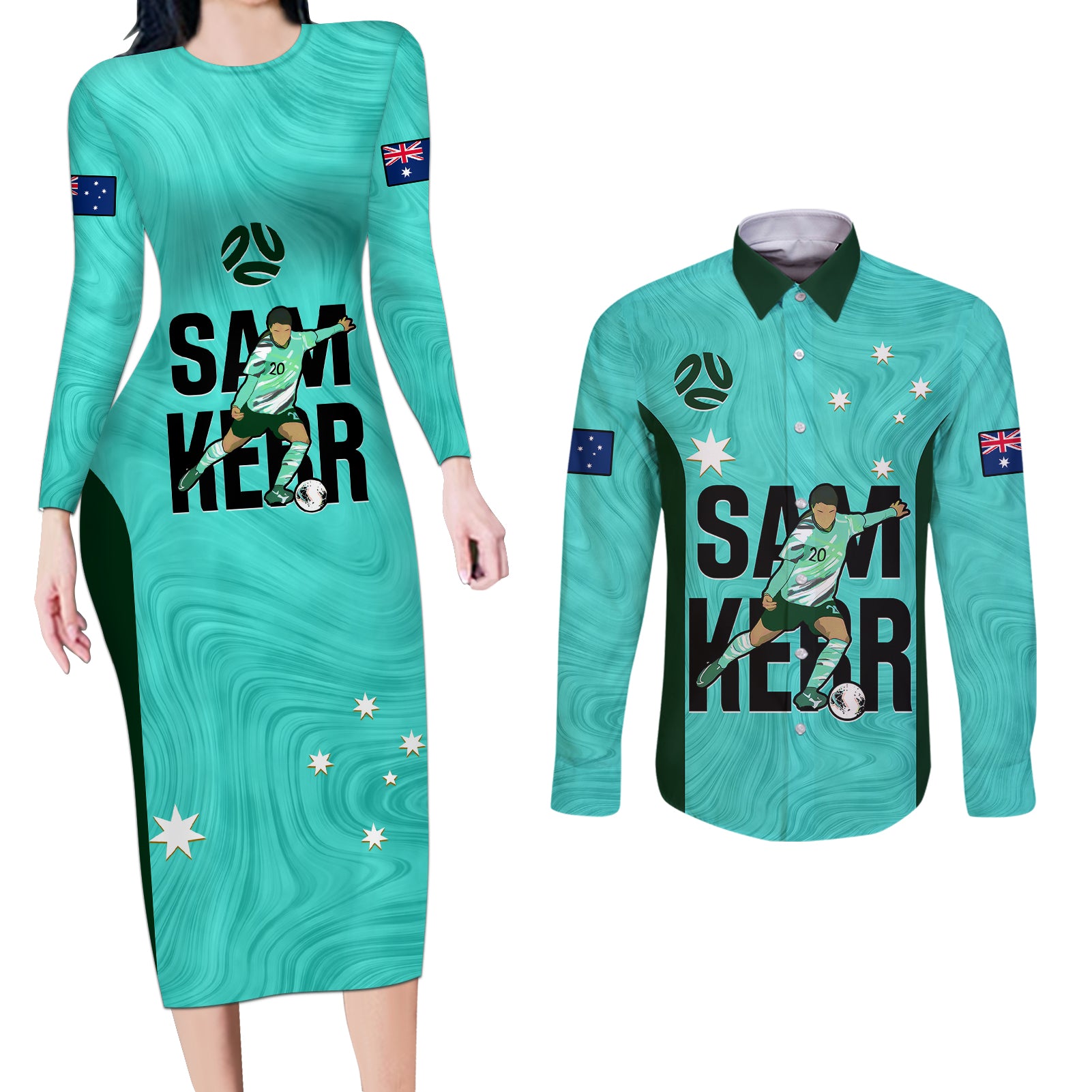 australia-soccer-couples-matching-long-sleeve-bodycon-dress-and-long-sleeve-button-shirts-sam-kerr-matildas-proud-2023-world-cup-turquoise