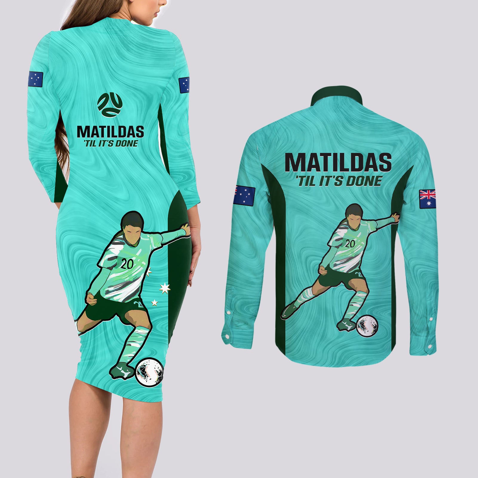 australia-soccer-couples-matching-long-sleeve-bodycon-dress-and-long-sleeve-button-shirts-sam-kerr-matildas-proud-2023-world-cup-turquoise
