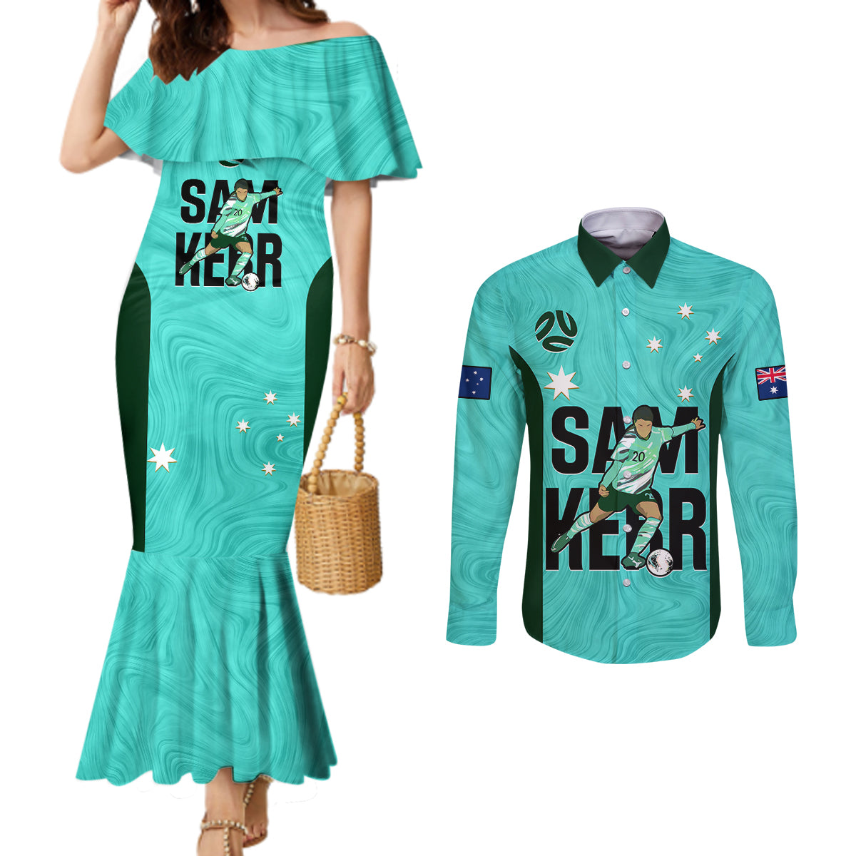 australia-soccer-couples-matching-mermaid-dress-and-long-sleeve-button-shirts-sam-kerr-matildas-proud-2023-world-cup-turquoise