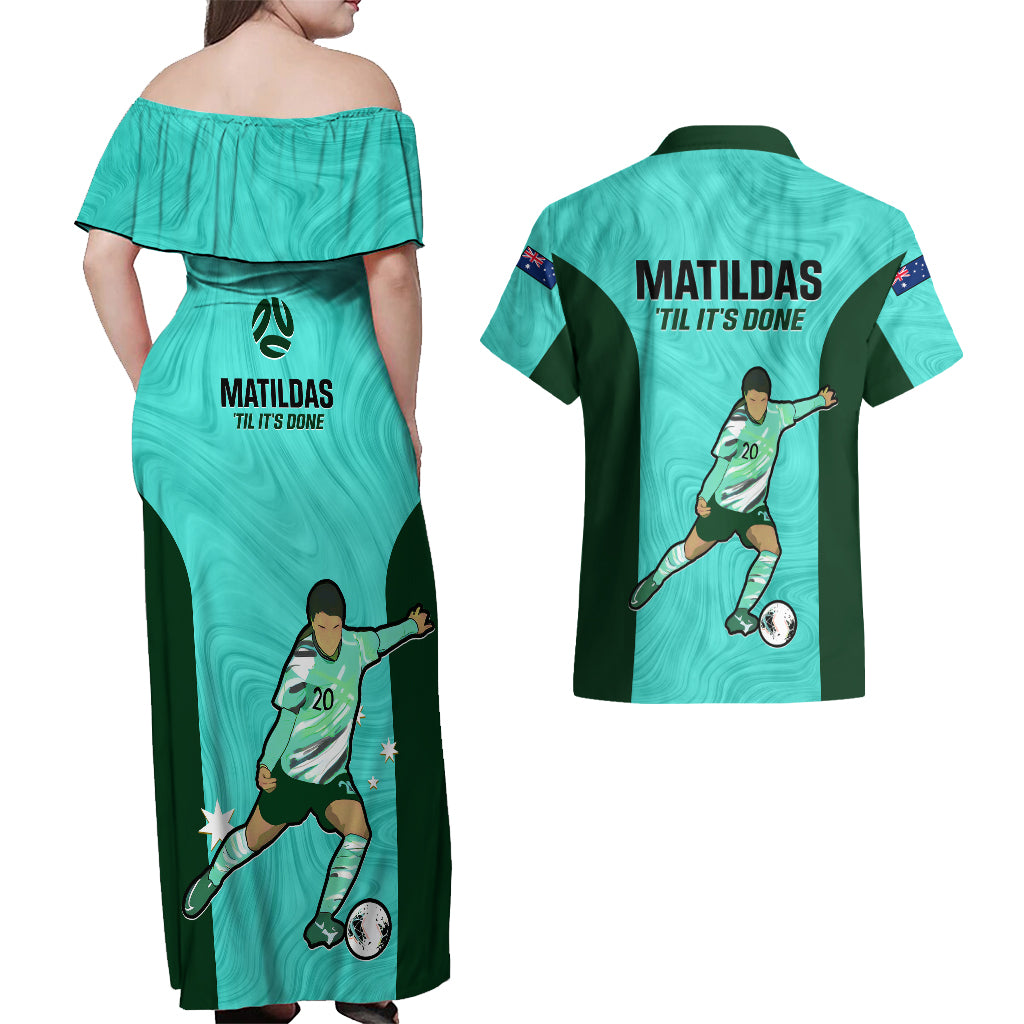 australia-soccer-couples-matching-off-shoulder-maxi-dress-and-hawaiian-shirt-sam-kerr-matildas-proud-2023-world-cup-turquoise