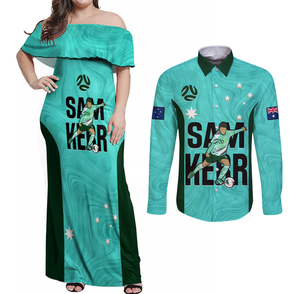 australia-soccer-couples-matching-off-shoulder-maxi-dress-and-long-sleeve-button-shirts-sam-kerr-matildas-proud-2023-world-cup-turquoise