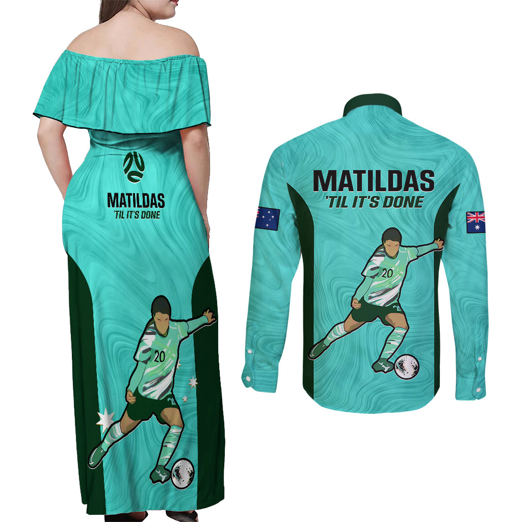 australia-soccer-couples-matching-off-shoulder-maxi-dress-and-long-sleeve-button-shirts-sam-kerr-matildas-proud-2023-world-cup-turquoise