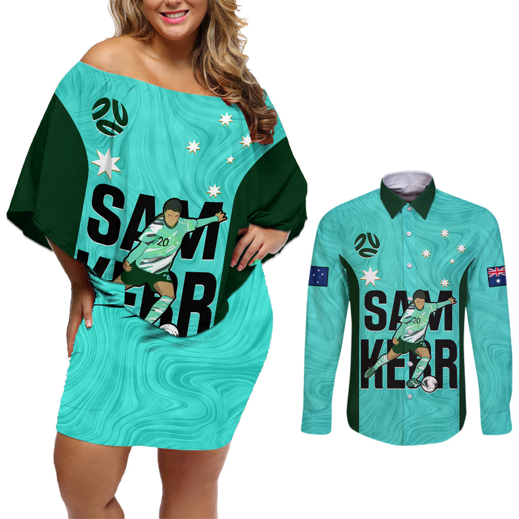 australia-soccer-couples-matching-off-shoulder-short-dress-and-long-sleeve-button-shirts-sam-kerr-matildas-proud-2023-world-cup-turquoise