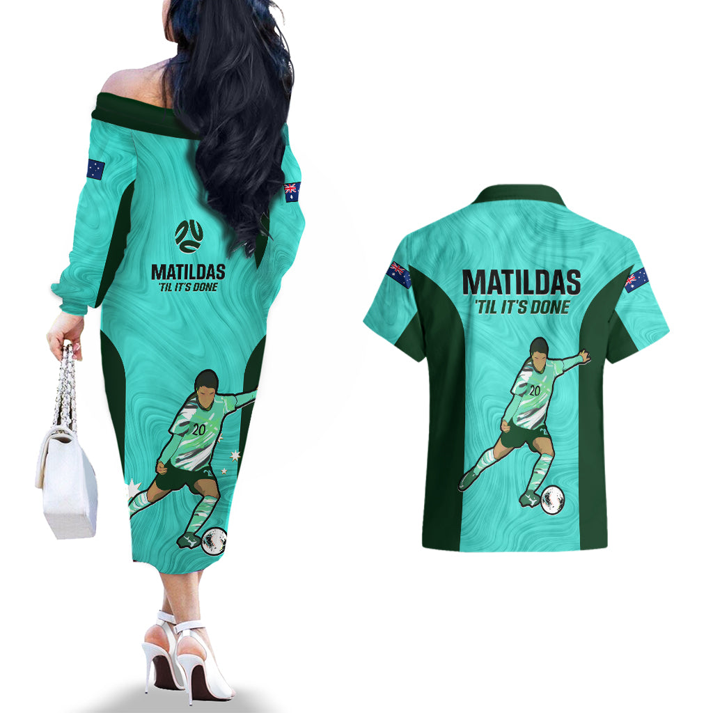 australia-soccer-couples-matching-off-the-shoulder-long-sleeve-dress-and-hawaiian-shirt-sam-kerr-matildas-proud-2023-world-cup-turquoise