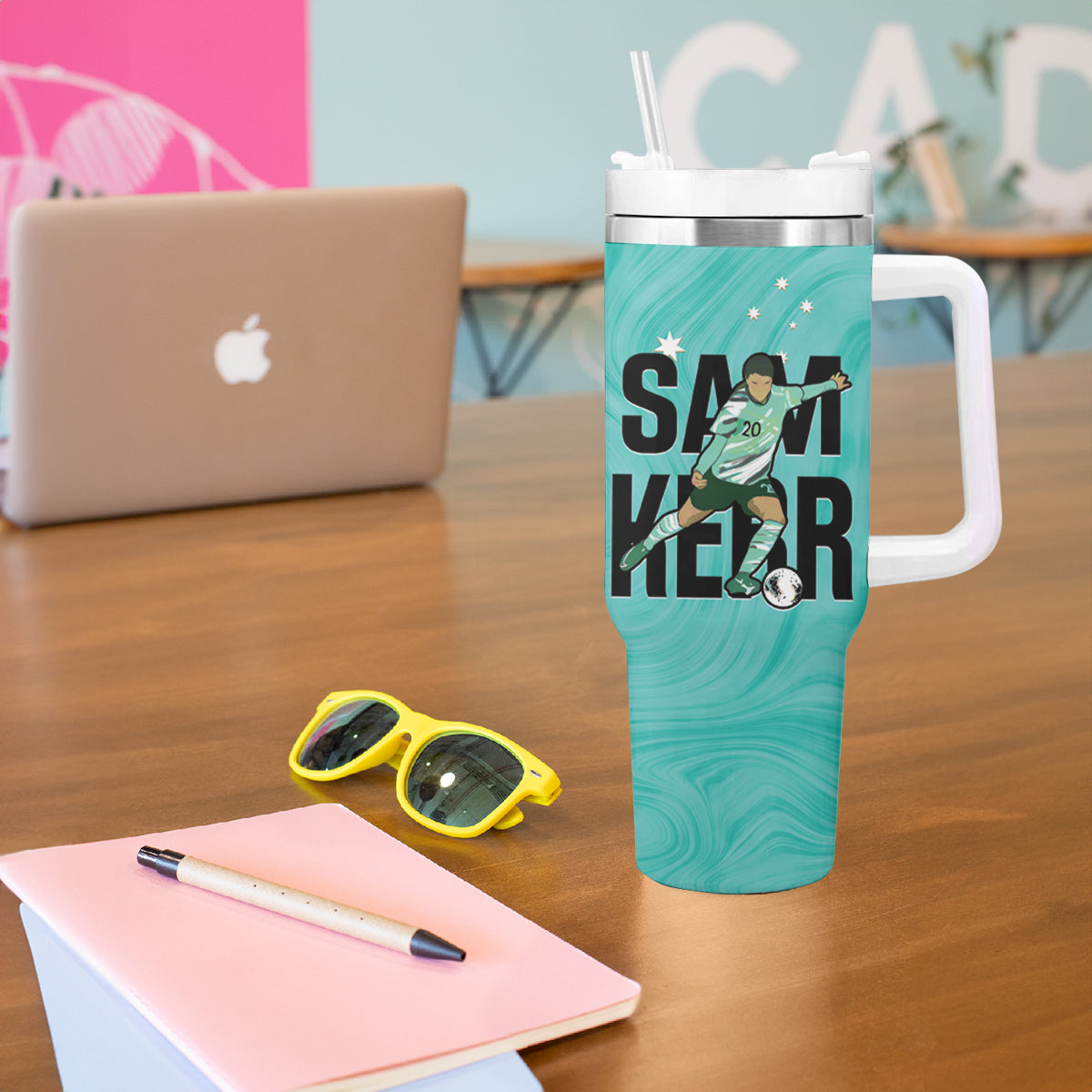 Australia Soccer Tumbler With Handle Sam Kerr Matildas Proud Turquoise