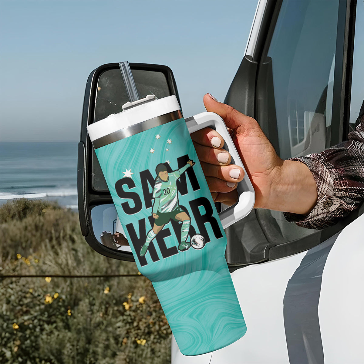 Australia Soccer Tumbler With Handle Sam Kerr Matildas Proud Turquoise