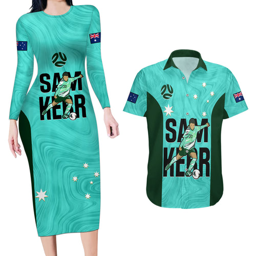 custom-australia-soccer-couples-matching-long-sleeve-bodycon-dress-and-hawaiian-shirt-sam-kerr-matildas-proud-2023-world-cup-turquoise