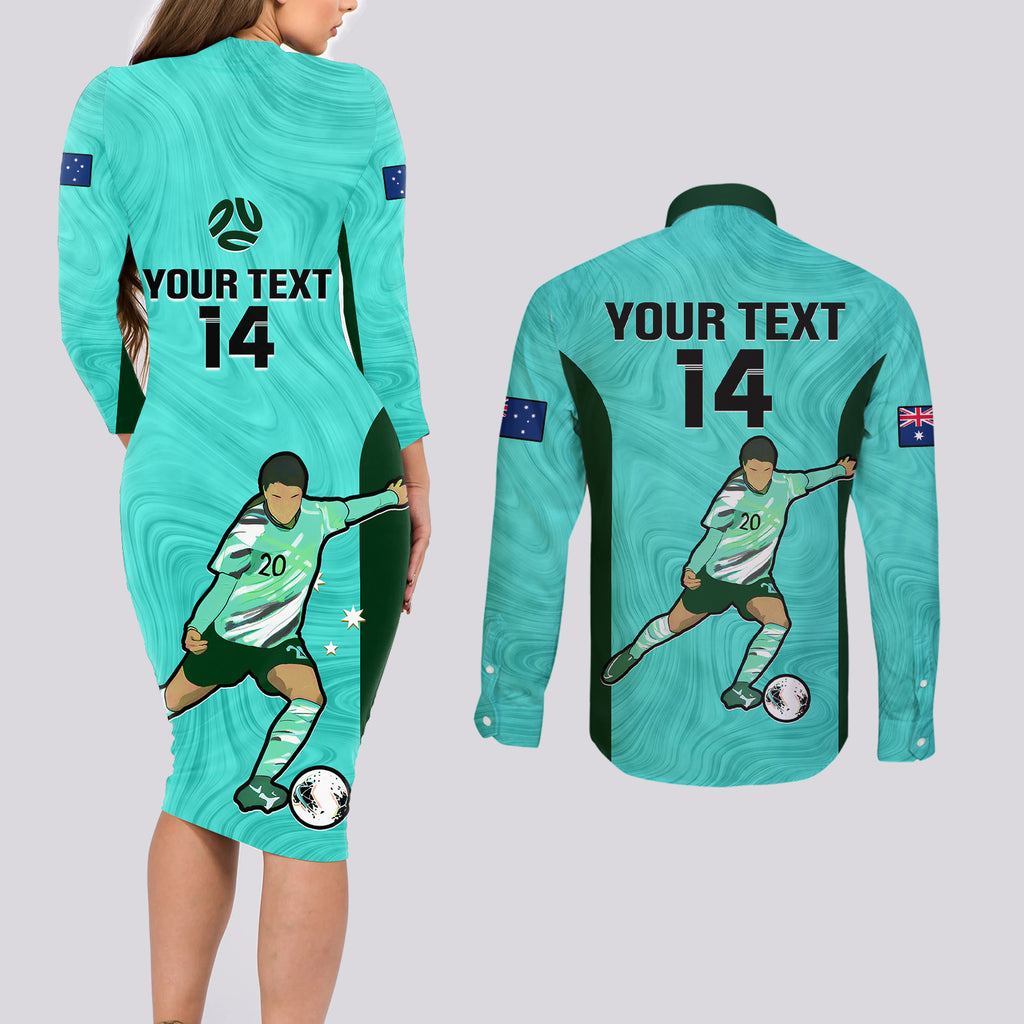 custom-australia-soccer-couples-matching-long-sleeve-bodycon-dress-and-long-sleeve-button-shirts-sam-kerr-matildas-proud-2023-world-cup-turquoise