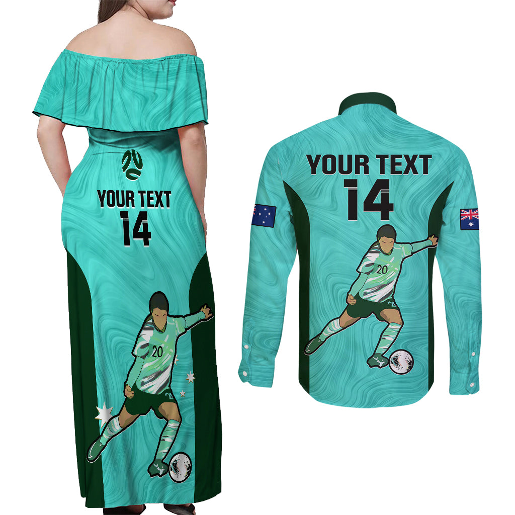 custom-australia-soccer-couples-matching-off-shoulder-maxi-dress-and-long-sleeve-button-shirts-sam-kerr-matildas-proud-2023-world-cup-turquoise