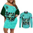 custom-australia-soccer-couples-matching-off-shoulder-short-dress-and-long-sleeve-button-shirts-sam-kerr-matildas-proud-2023-world-cup-turquoise