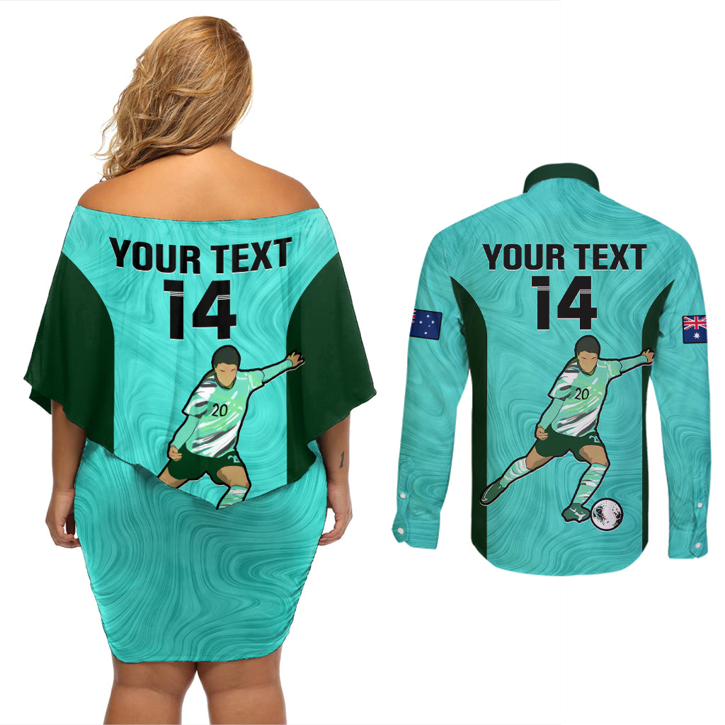 custom-australia-soccer-couples-matching-off-shoulder-short-dress-and-long-sleeve-button-shirts-sam-kerr-matildas-proud-2023-world-cup-turquoise