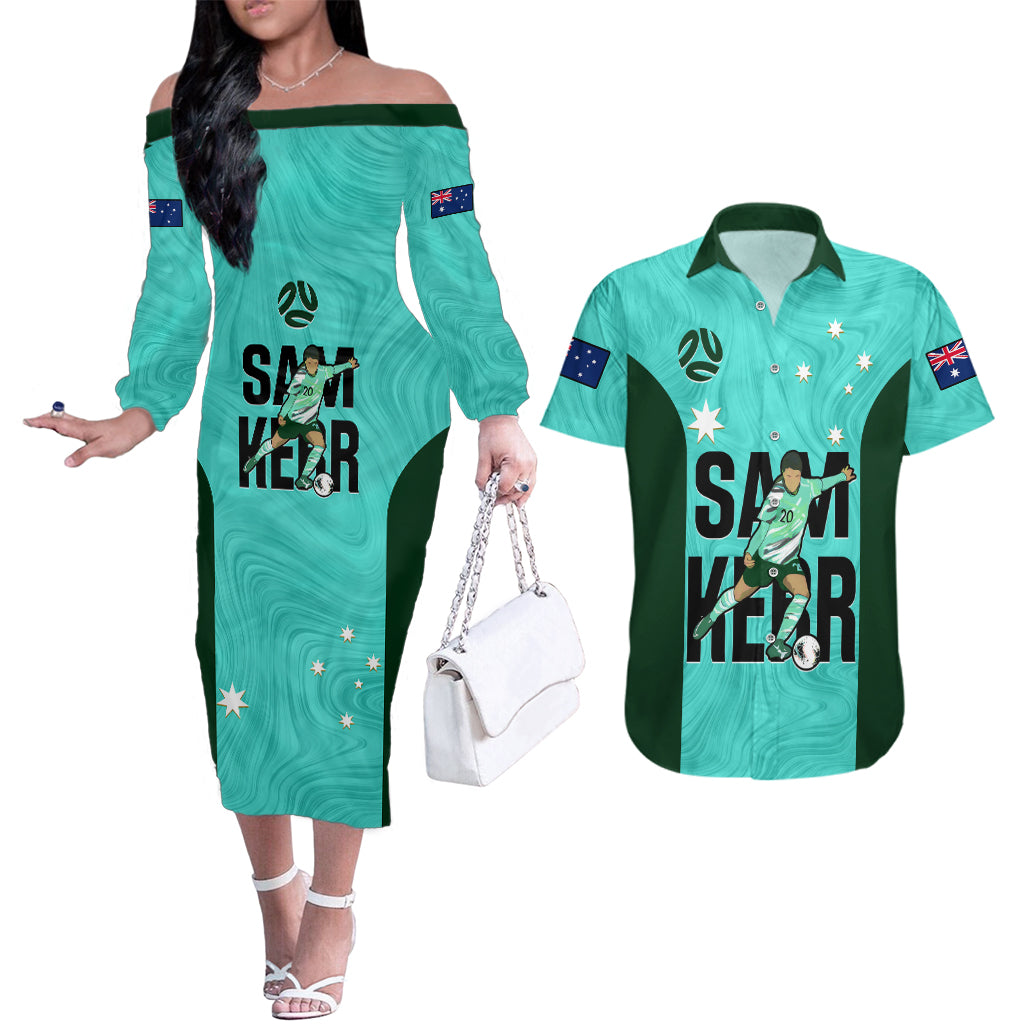 custom-australia-soccer-couples-matching-off-the-shoulder-long-sleeve-dress-and-hawaiian-shirt-sam-kerr-matildas-proud-2023-world-cup-turquoise