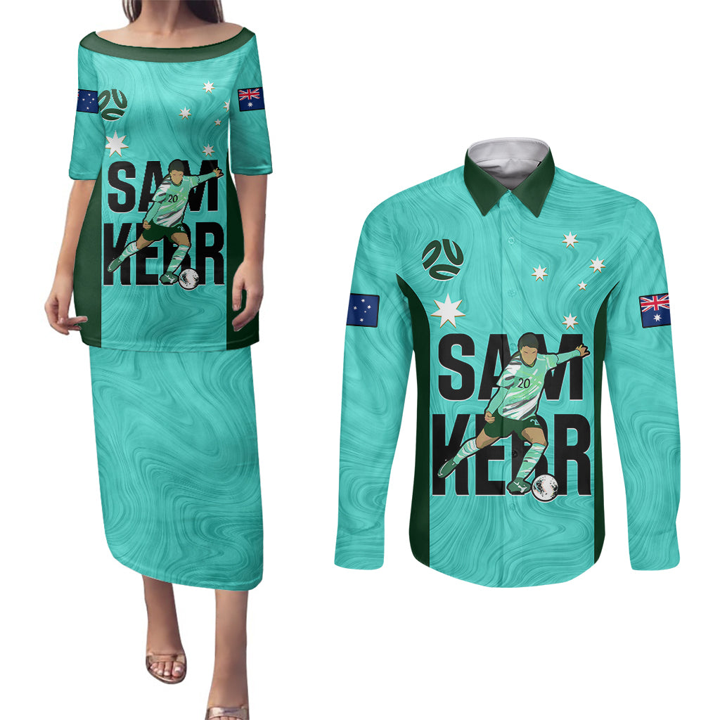 custom-australia-soccer-couples-matching-puletasi-dress-and-long-sleeve-button-shirts-sam-kerr-matildas-proud-2023-world-cup-turquoise