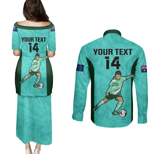 custom-australia-soccer-couples-matching-puletasi-dress-and-long-sleeve-button-shirts-sam-kerr-matildas-proud-2023-world-cup-turquoise