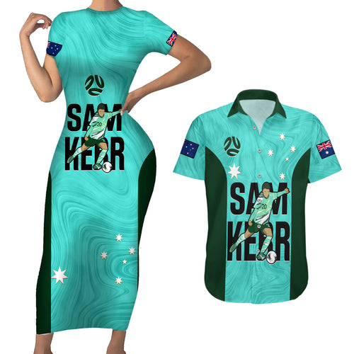 custom-australia-soccer-couples-matching-short-sleeve-bodycon-dress-and-hawaiian-shirt-sam-kerr-matildas-proud-2023-world-cup-turquoise