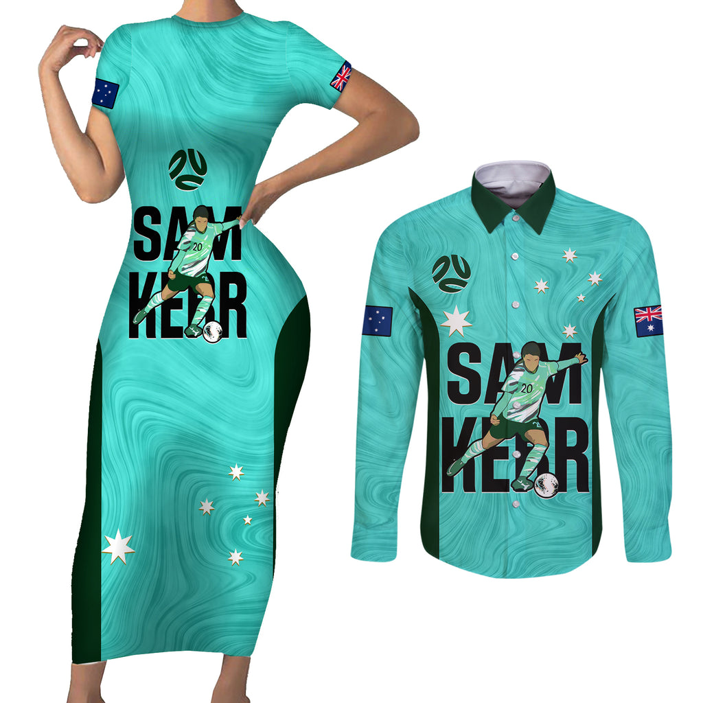 custom-australia-soccer-couples-matching-short-sleeve-bodycon-dress-and-long-sleeve-button-shirts-sam-kerr-matildas-proud-2023-world-cup-turquoise