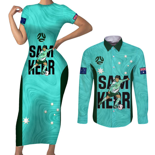 custom-australia-soccer-couples-matching-short-sleeve-bodycon-dress-and-long-sleeve-button-shirts-sam-kerr-matildas-proud-2023-world-cup-turquoise