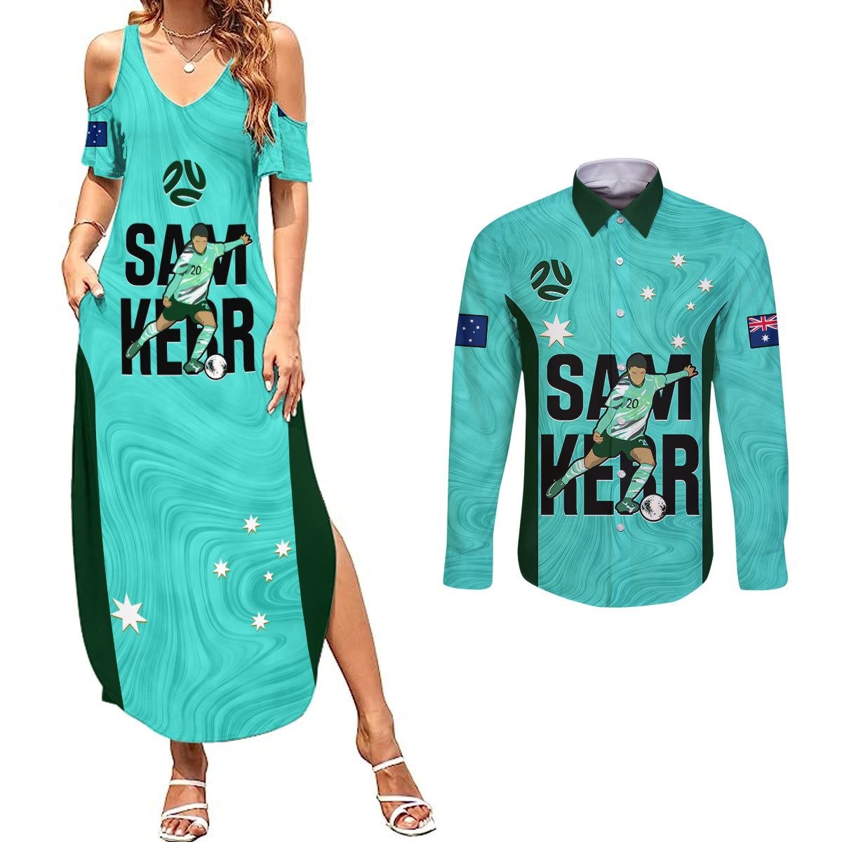 custom-australia-soccer-couples-matching-summer-maxi-dress-and-long-sleeve-button-shirts-sam-kerr-matildas-proud-2023-world-cup-turquoise