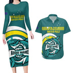 Custom Australia Water Polo 2024 Couples Matching Long Sleeve Bodycon Dress and Hawaiian Shirt Aussie Shark Sporty Version