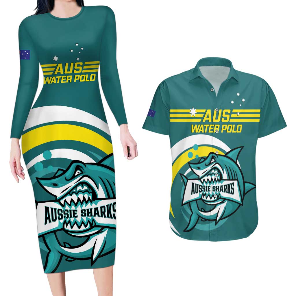 Custom Australia Water Polo 2024 Couples Matching Long Sleeve Bodycon Dress and Hawaiian Shirt Aussie Shark Sporty Version