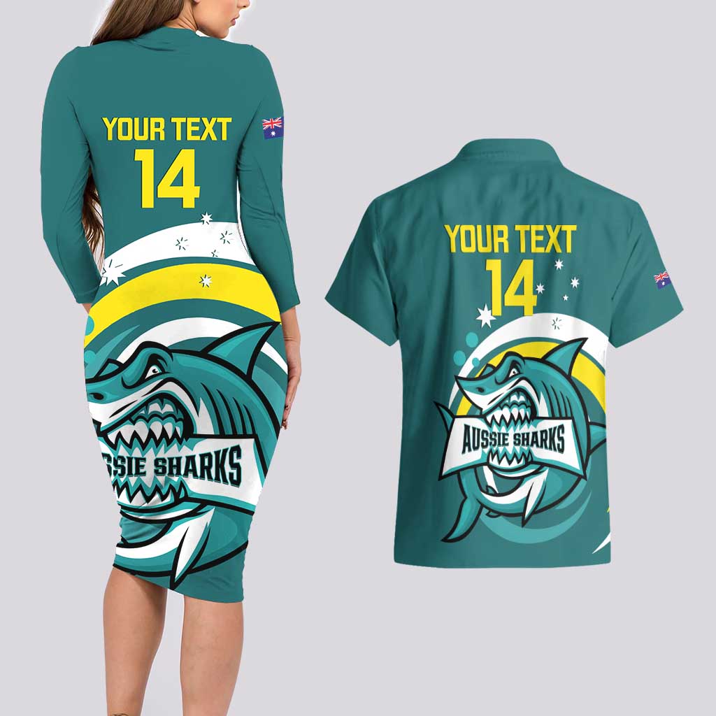 Custom Australia Water Polo 2024 Couples Matching Long Sleeve Bodycon Dress and Hawaiian Shirt Aussie Shark Sporty Version