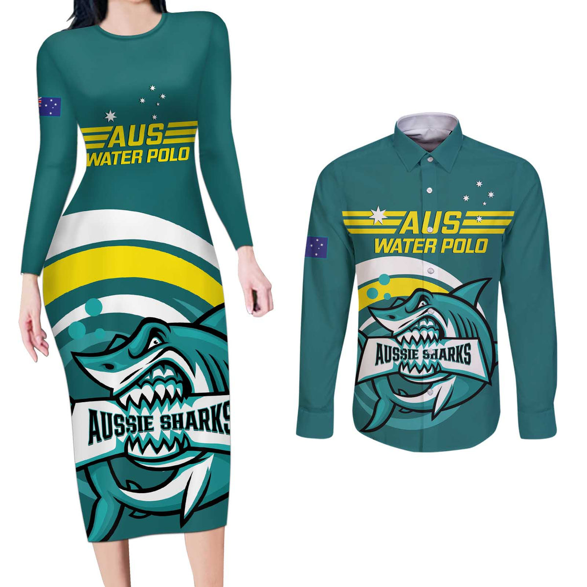 Custom Australia Water Polo 2024 Couples Matching Long Sleeve Bodycon Dress and Long Sleeve Button Shirt Aussie Shark Sporty Version