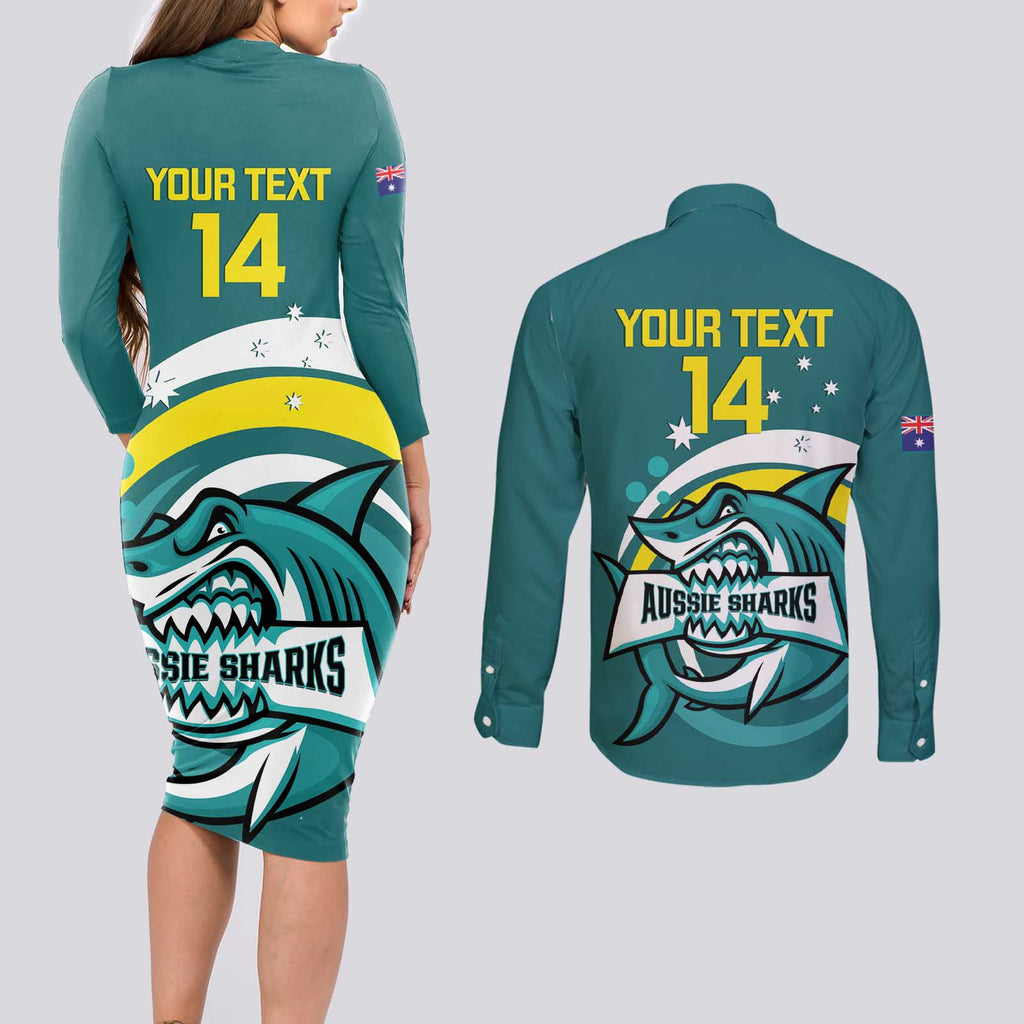 Custom Australia Water Polo 2024 Couples Matching Long Sleeve Bodycon Dress and Long Sleeve Button Shirt Aussie Shark Sporty Version