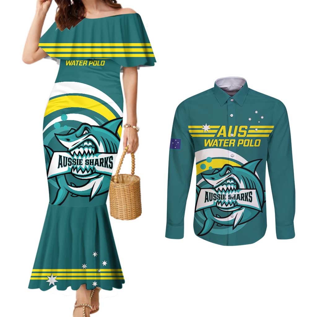Custom Australia Water Polo 2024 Couples Matching Mermaid Dress and Long Sleeve Button Shirt Aussie Shark Sporty Version