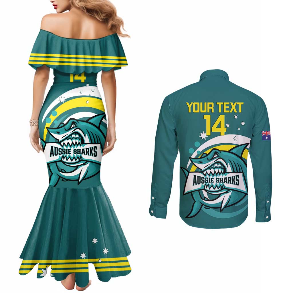 Custom Australia Water Polo 2024 Couples Matching Mermaid Dress and Long Sleeve Button Shirt Aussie Shark Sporty Version