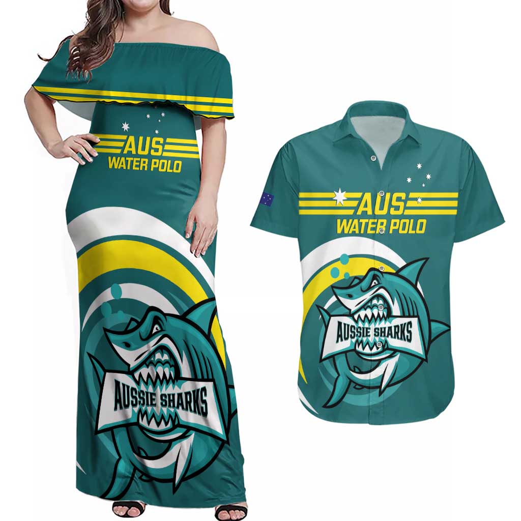 Custom Australia Water Polo 2024 Couples Matching Off Shoulder Maxi Dress and Hawaiian Shirt Aussie Shark Sporty Version
