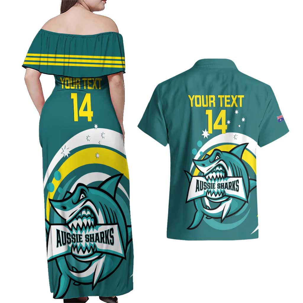 Custom Australia Water Polo 2024 Couples Matching Off Shoulder Maxi Dress and Hawaiian Shirt Aussie Shark Sporty Version