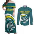 Custom Australia Water Polo 2024 Couples Matching Off Shoulder Maxi Dress and Long Sleeve Button Shirt Aussie Shark Sporty Version