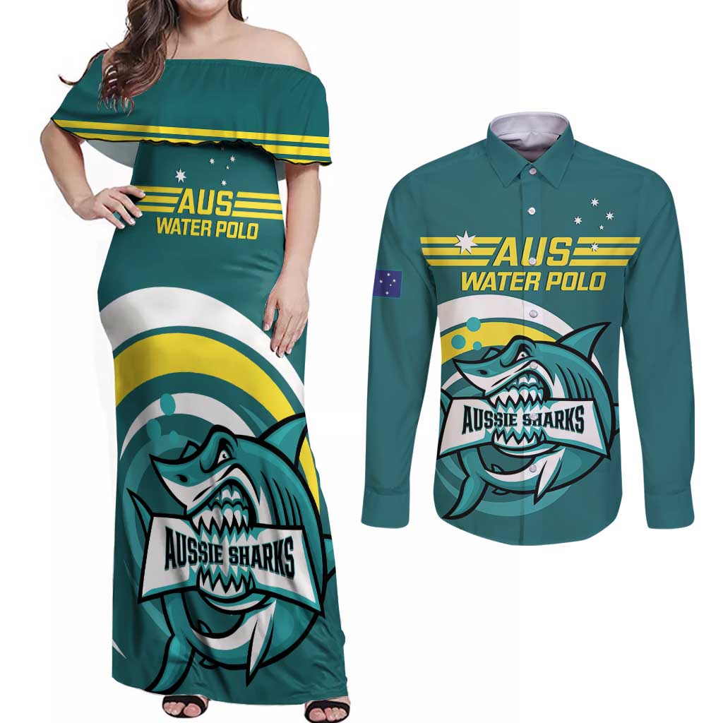 Custom Australia Water Polo 2024 Couples Matching Off Shoulder Maxi Dress and Long Sleeve Button Shirt Aussie Shark Sporty Version