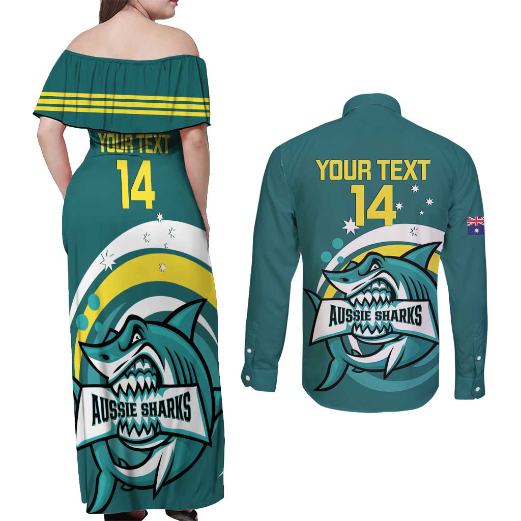 Custom Australia Water Polo 2024 Couples Matching Off Shoulder Maxi Dress and Long Sleeve Button Shirt Aussie Shark Sporty Version