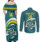 Custom Australia Water Polo 2024 Couples Matching Off Shoulder Maxi Dress and Long Sleeve Button Shirt Aussie Shark Sporty Version