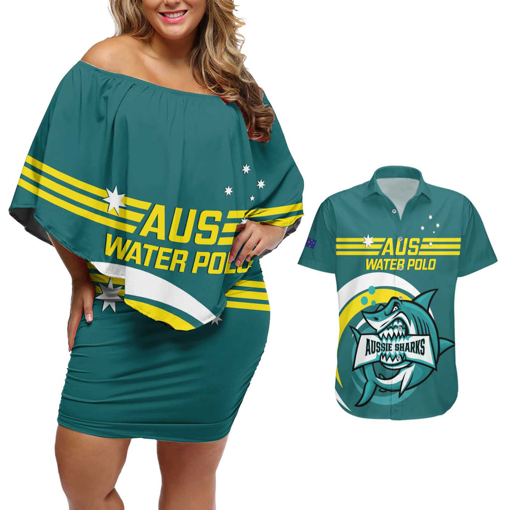 Custom Australia Water Polo 2024 Couples Matching Off Shoulder Short Dress and Hawaiian Shirt Aussie Shark Sporty Version
