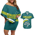 Custom Australia Water Polo 2024 Couples Matching Off Shoulder Short Dress and Hawaiian Shirt Aussie Shark Sporty Version