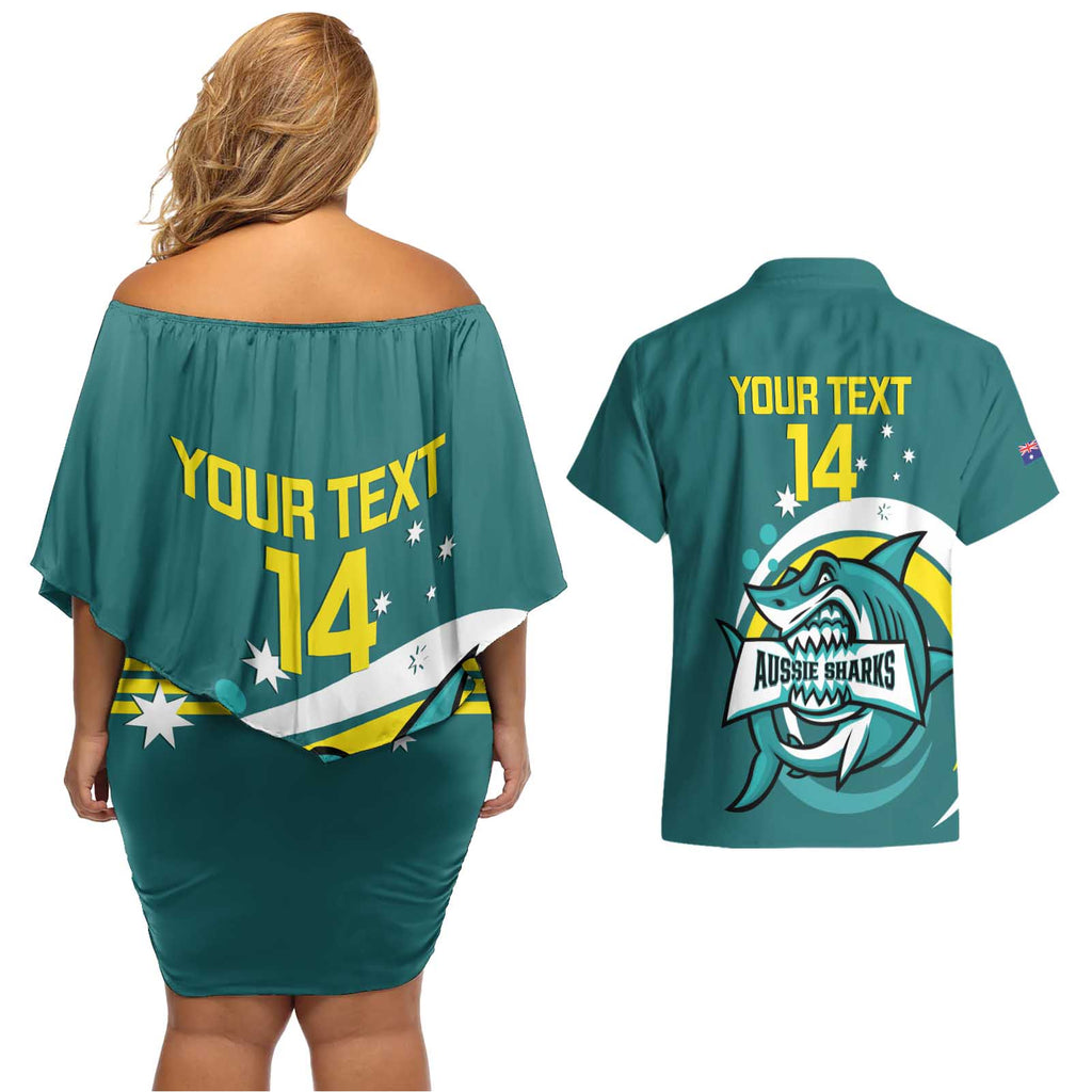 Custom Australia Water Polo 2024 Couples Matching Off Shoulder Short Dress and Hawaiian Shirt Aussie Shark Sporty Version