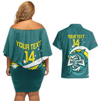 Custom Australia Water Polo 2024 Couples Matching Off Shoulder Short Dress and Hawaiian Shirt Aussie Shark Sporty Version