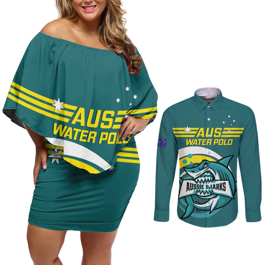 Custom Australia Water Polo 2024 Couples Matching Off Shoulder Short Dress and Long Sleeve Button Shirt Aussie Shark Sporty Version